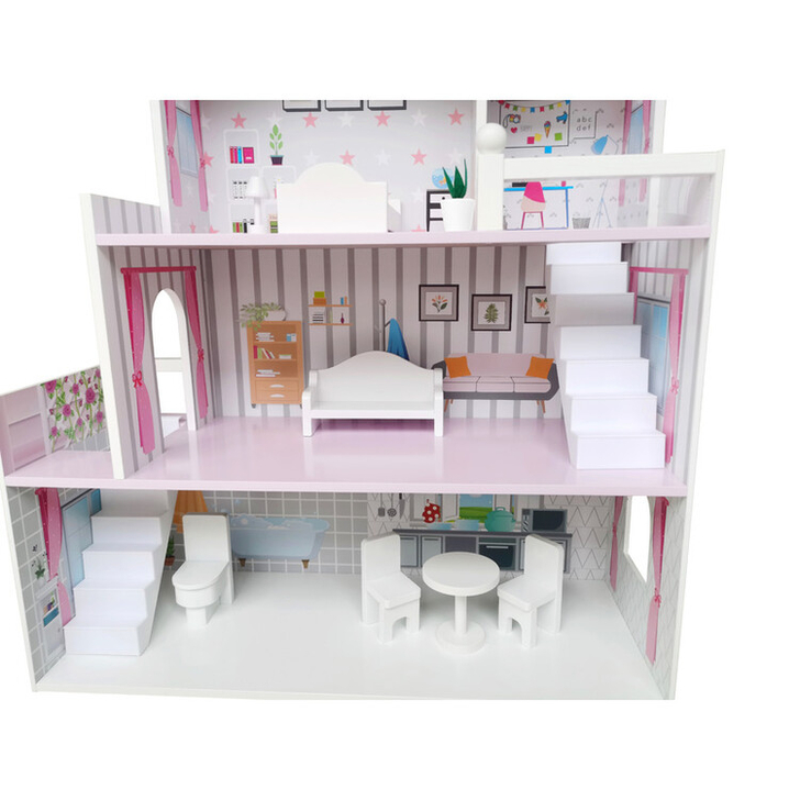 Casuta de papusi din lemn, Dimensiune mare 70 x 24 x 70 cm, Construita pe 3 niveluri cu 3 camere, Accesorizata cu mobilier, Free2Play, Pink