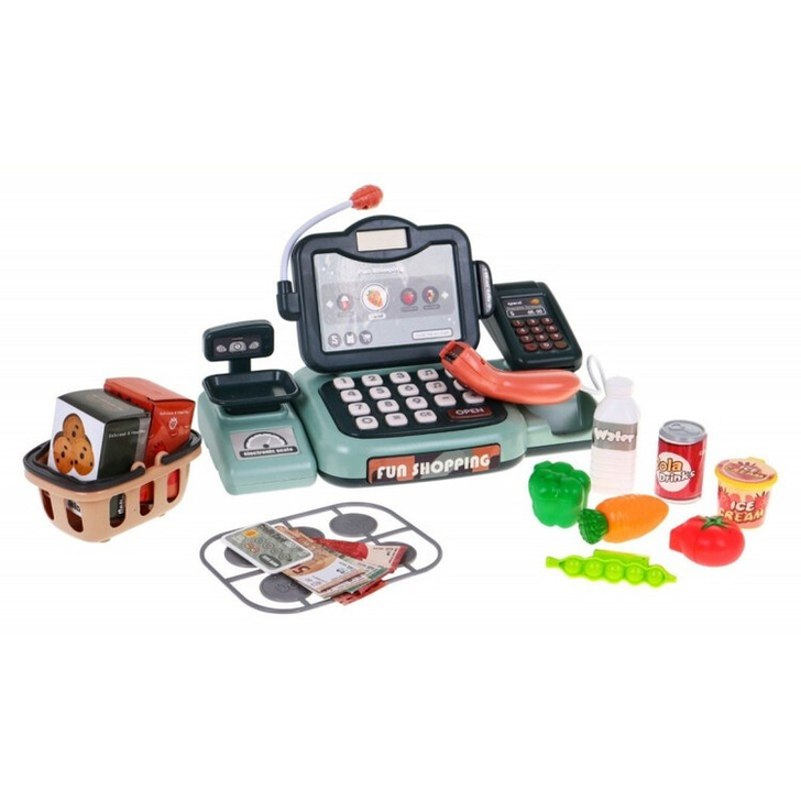 Casa de marcat interactiva, cu scanner, calculator, microfon, cantar, cos si accesorii