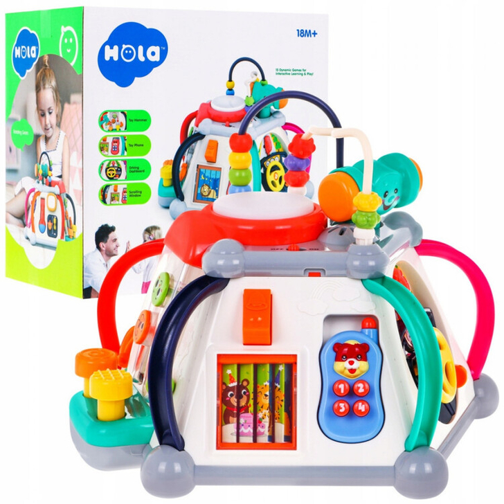 Jucarie cub interactiv senzorial cu 20 de mini jocuri si alte functii, Hola