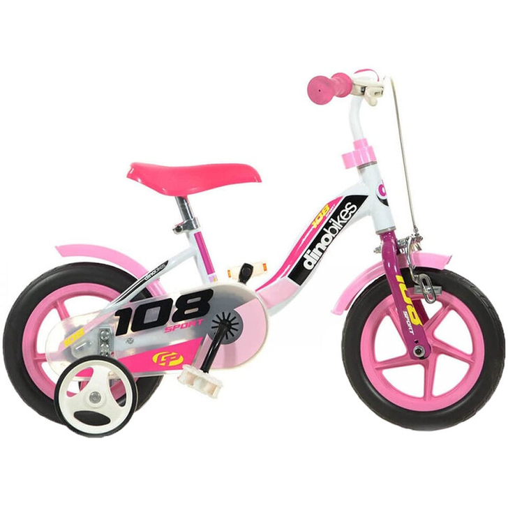 Bicicleta copii Dino Bikes 10", 108 Sport alb si roz cu frana