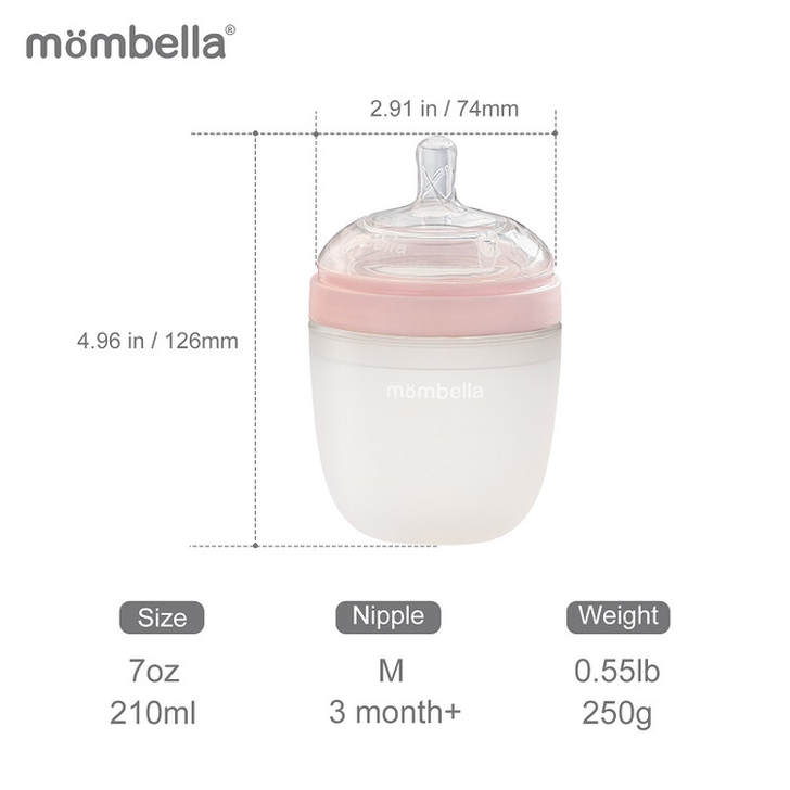 Biberon Anticolici Mombella Breast-Like, 210ml, Tetina M flux mediu, 100% Silicon, Old Roze