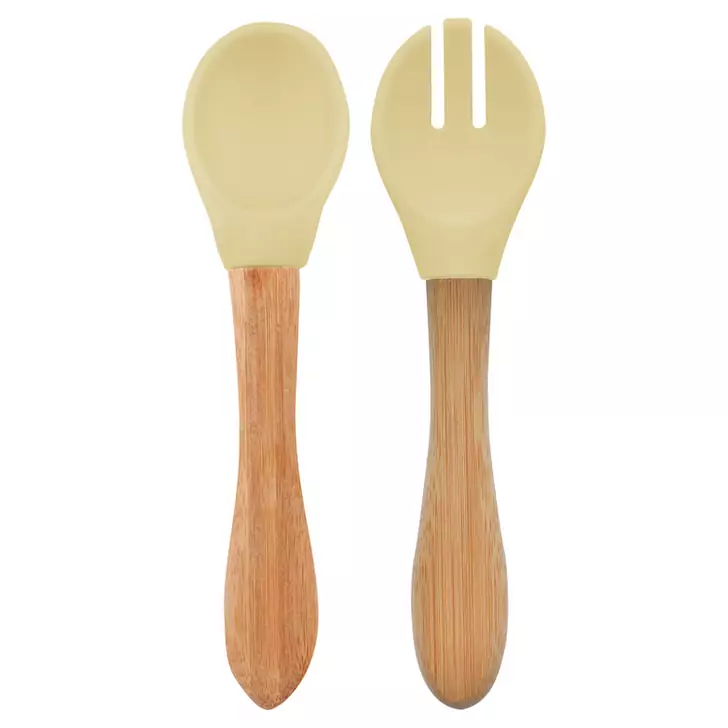 Set Lingurita si Furculita Minikoioi, Varf din Silicon si Maner din Bambus – Mellow Yellow