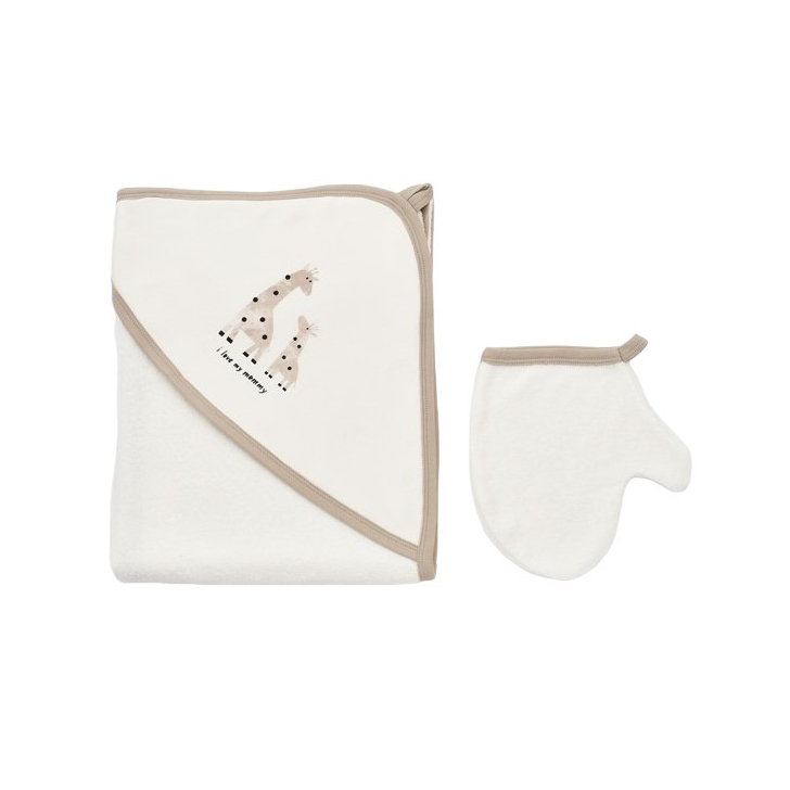 Set de baie cu prosop si manusa Girafa, BabyCosy, Ecru