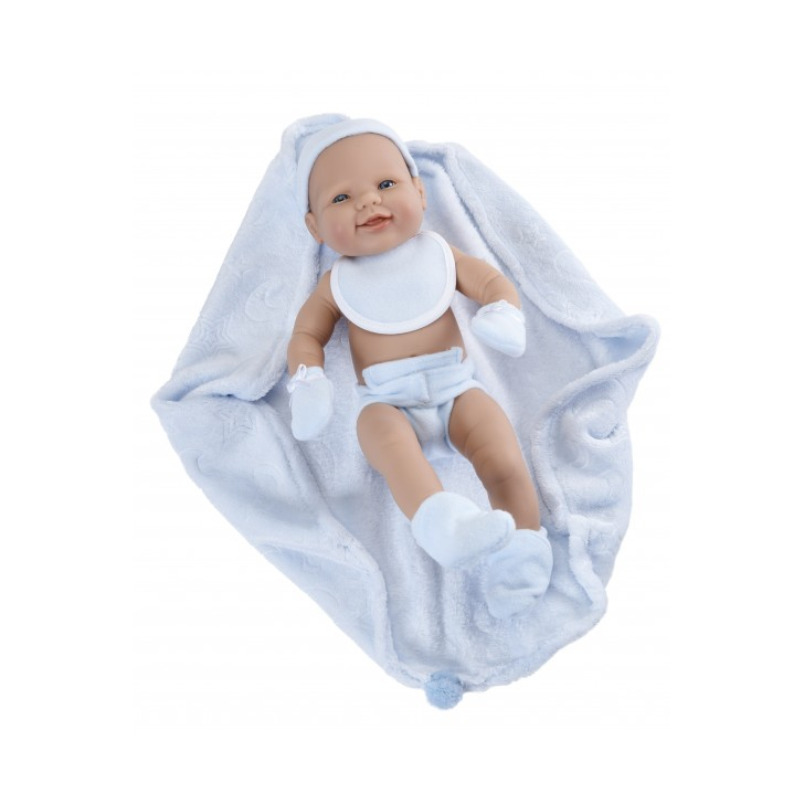 Papusa baietel nou nascut Falca 42 cm cu salopeta si patura