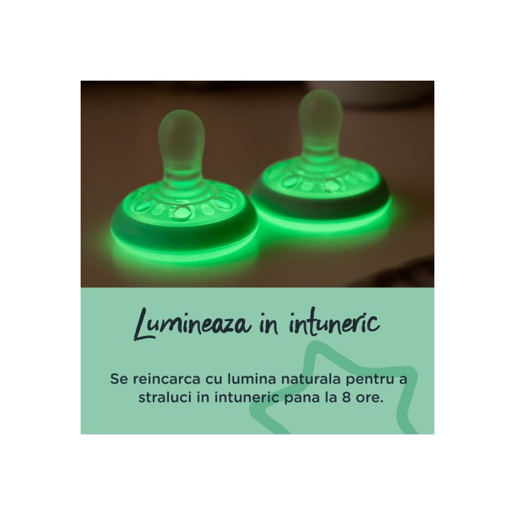 Tommee Tippee Suzeta cu tetina asemanatoare sanului, lumineaza in intuneric, textura asemanatoare pielii, design ortodontic simetric, fara BPA, include cutie de sterilizare, 6-18 luni, 2 buc