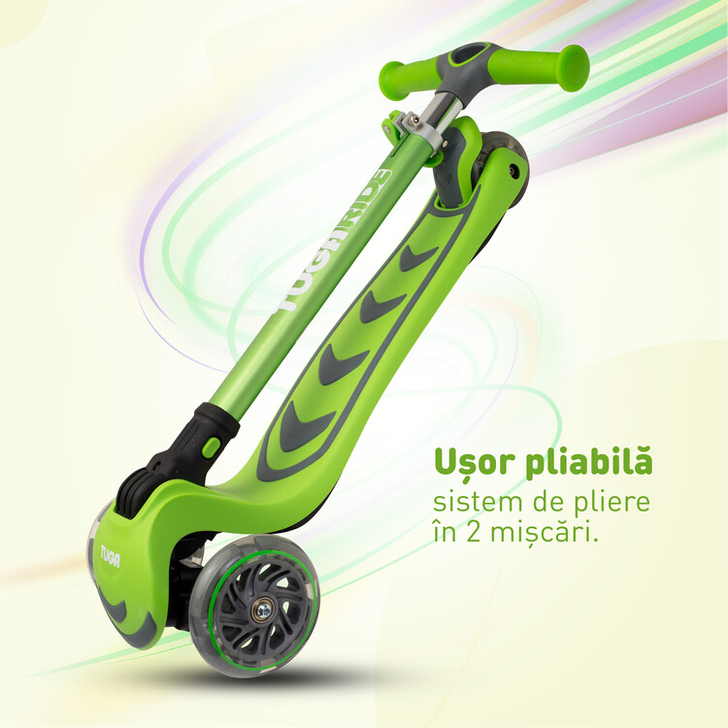 Trotineta copii, TUGA RIDE 4Glow - Verde, pliabila, 3 - 8 ani, lumini, 4 roti PU LED, ghidon reglabil, stabila, auto-echilibrare, frana aluminiu