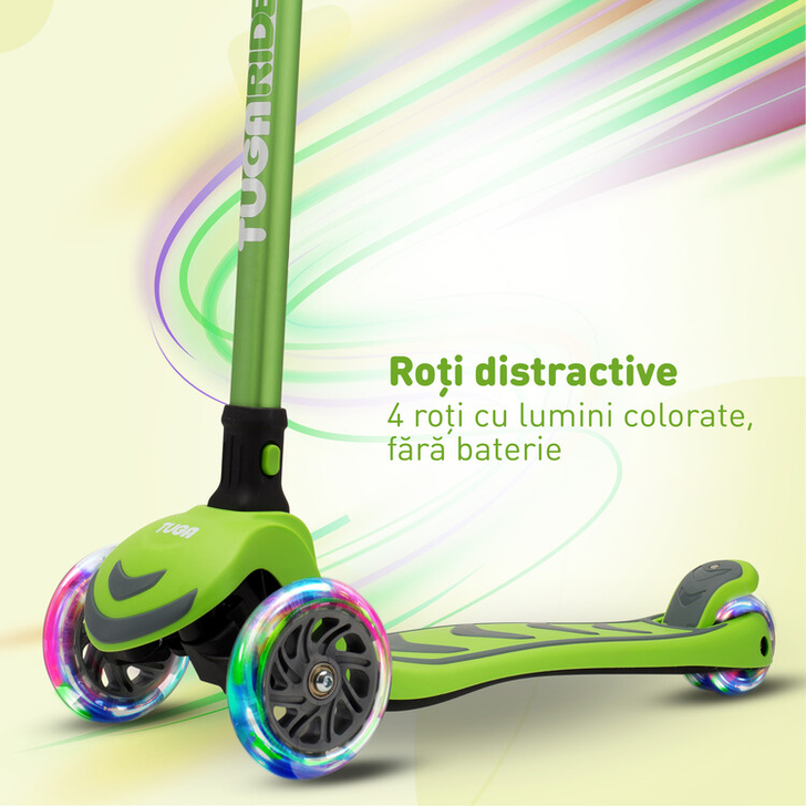 Trotineta copii, TUGA RIDE 4Glow - Verde, pliabila, 3 - 8 ani, lumini, 4 roti PU LED, ghidon reglabil, stabila, auto-echilibrare, frana aluminiu