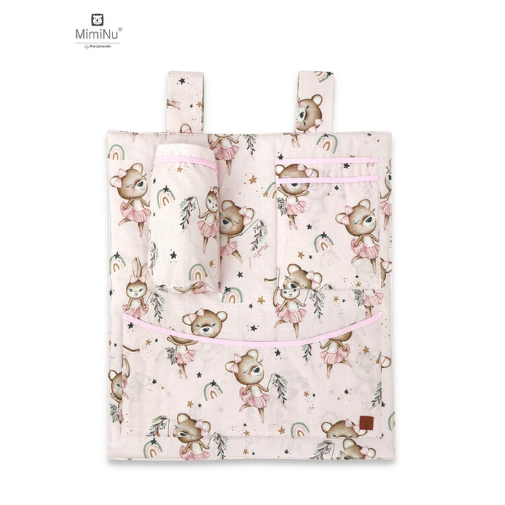 MimiNu - Organizator pentru patut si leagan, Din bumbac certificat Oeko Tex Standard 100, Cu 3 compartimente, 53x46 cm, Design, Little Ballerina Pink