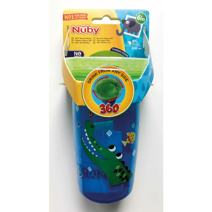 Nuby - Cana magica, 360°, Cu supapa din silicon, Cu capac, 300 ml, 6+ luni, Albastru/Verde