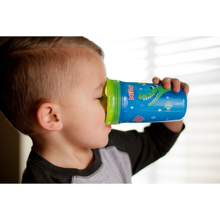 Nuby - Cana magica, 360°, Cu supapa din silicon, Cu capac, 300 ml, 6+ luni, Albastru/Verde