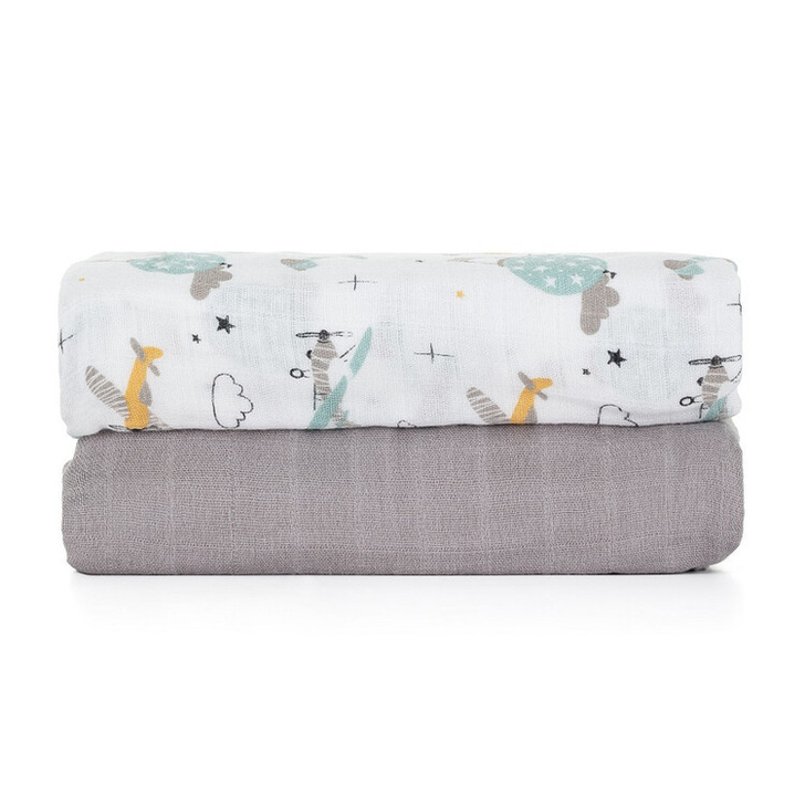 Petite&Mars - Set 2 scutece din muselina de bambus Misty Grey Planes, Hipoalergenice, Dimensiuni mari 120 x 120 cm, Certificate Oeko Tex Standard 100, Multicolor