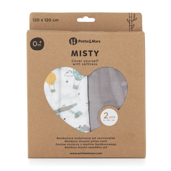 Petite&Mars - Set 2 scutece din muselina de bambus Misty Grey Planes, Hipoalergenice, Dimensiuni mari 120 x 120 cm, Certificate Oeko Tex Standard 100, Multicolor