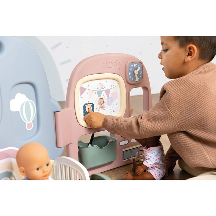 Centru de ingrijire pentru papusi Smoby Baby Care Childcare Center albastru roz cu accesorii