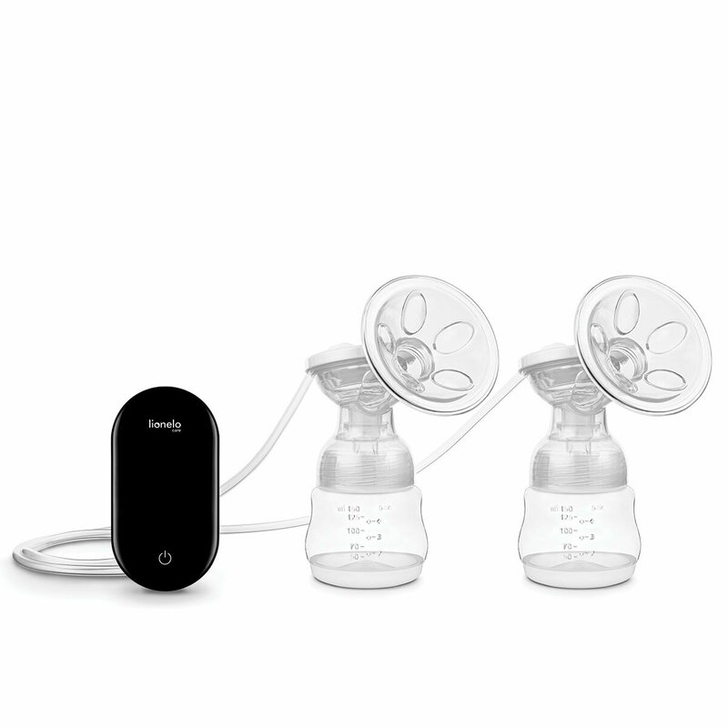 Lionelo - Pompa dubla de san, Electrica, Cu 9 nivele de aspiratie, 5 moduri de masaj, Afisaj LED, Imita suptul natural al copilului, Functionare pana la 90 min, Silentioasa, Fara BPA, Include 2 recipiente de 150 ml si 2 pungi, Cablu USB, Husa, Alb/Gri