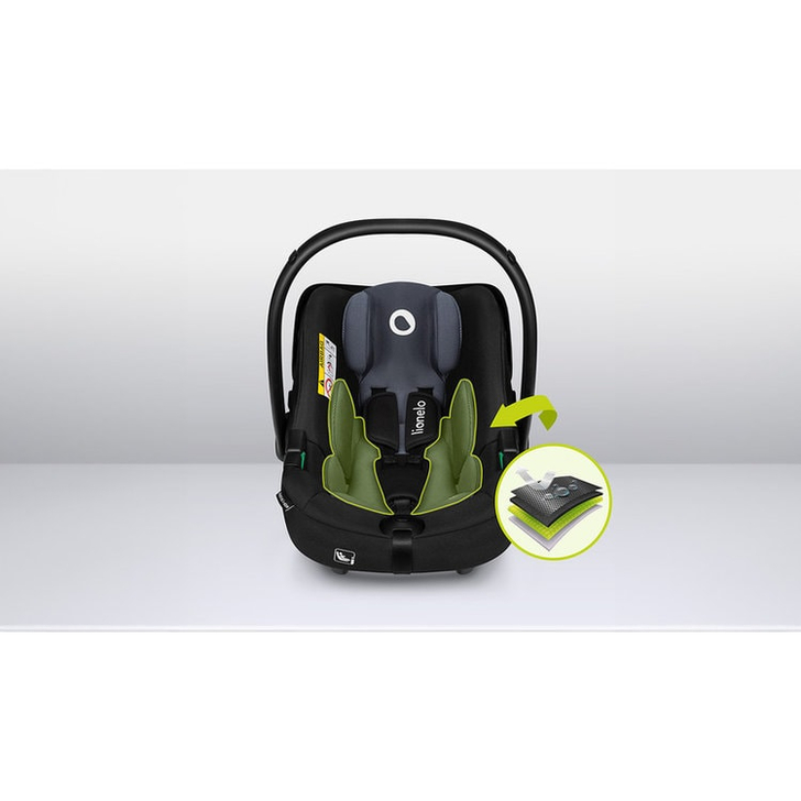 Lionelo - Soica auto i-Size Astrid, 0-13 Kg, 40-87 cm, Cu maner si capotina reglabile, Cu protectie laterala avansata, Salteluta confortabila , Conform cu standardul european de securitate R129, Negru/Gri