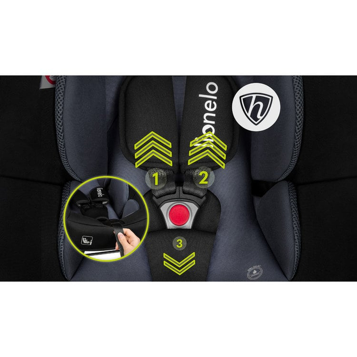 Lionelo - Soica auto i-Size Astrid, 0-13 Kg, 40-87 cm, Cu maner si capotina reglabile, Cu protectie laterala avansata, Salteluta confortabila , Conform cu standardul european de securitate R129, Negru/Gri