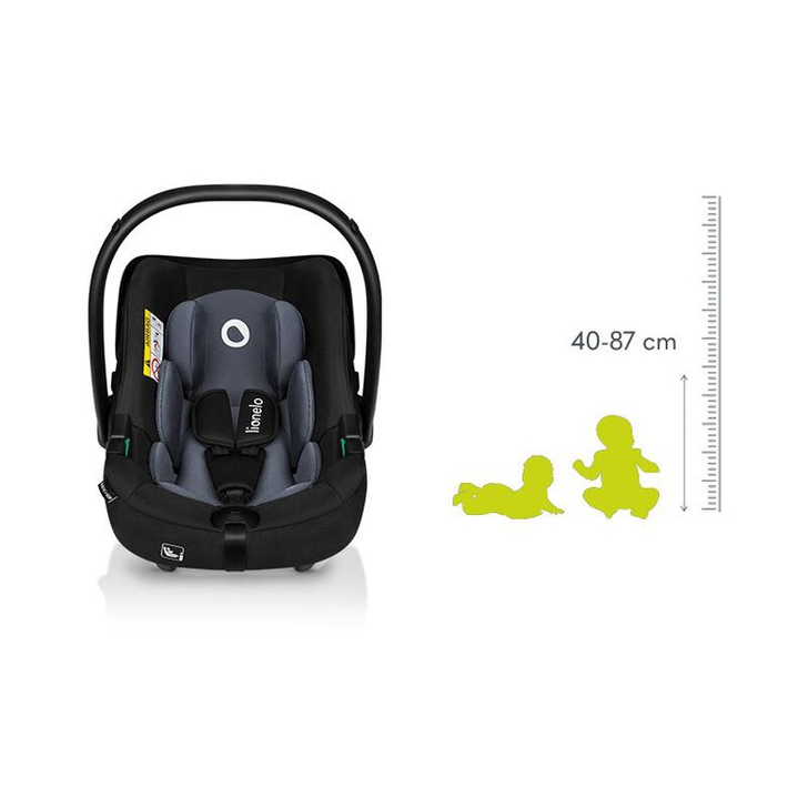 Lionelo - Soica auto i-Size Astrid, 0-13 Kg, 40-87 cm, Cu maner si capotina reglabile, Cu protectie laterala avansata, Salteluta confortabila , Conform cu standardul european de securitate R129, Negru/Gri