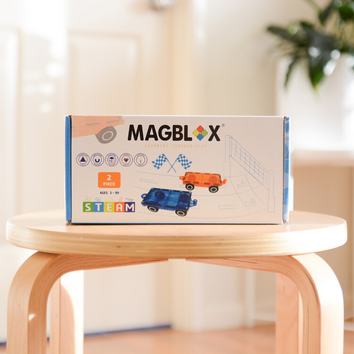 Set magnetic Magblox - 2 sasiuri magnetice accesorii pentru constructie cu roti de lemn - mov si galben
