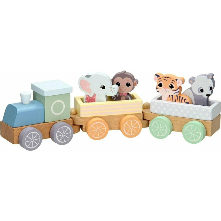 Trenulet, Joueco, Din lemn certificat FSC, Cu locomotiva si doua vagoane, Include 4 figurine in forma de maimuta, tigru, elefant si panda 18 luni+, Multicolor
