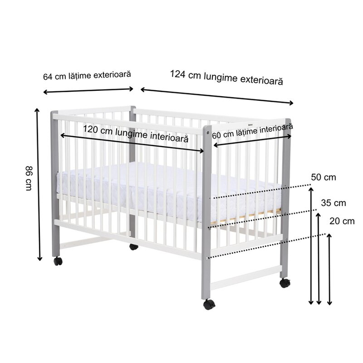 Patut din lemn bebe, 120x60 cm, Din lemn de pin si mdf, Stabil si rezistent, Inaltime saltea reglabila pe 3 nivele, Laterala cu 3 bete detasabile, EN716-1, EN716-2, Alb, Qmini, Maya + Saltea 8 cm