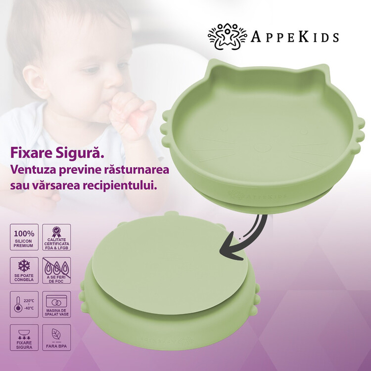 Set Diversificare, AppeKids, 100% Silicon, Kitty - Raw Green