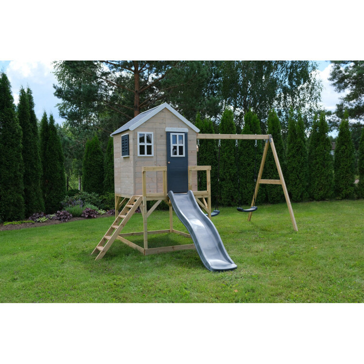 Casuta de gradina Grey Lodge cu platforma, tobogan si leagan dublu (M28G), Wendi Toys