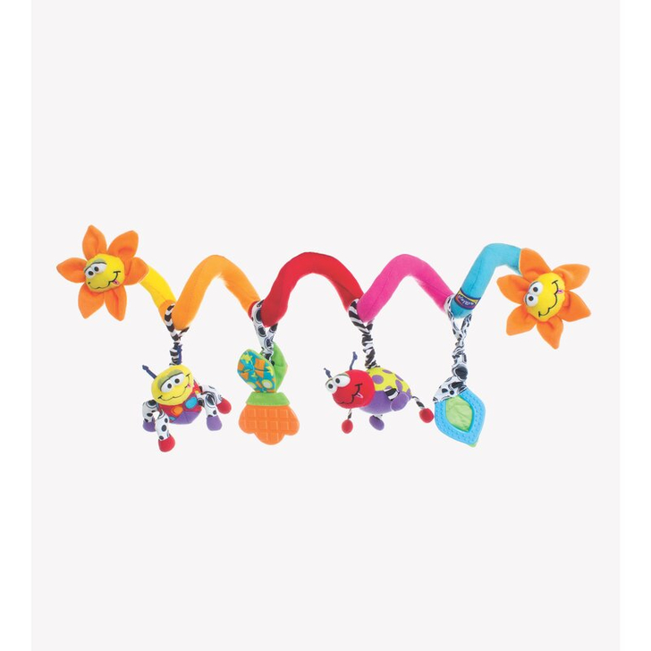 Spirala cu jucarii, Playgro, Multifunctionale pentru carucior, scoica auto si patut, Cu jucarie de dentitie, Amazing Garden Twirly Whirly, 33 cm